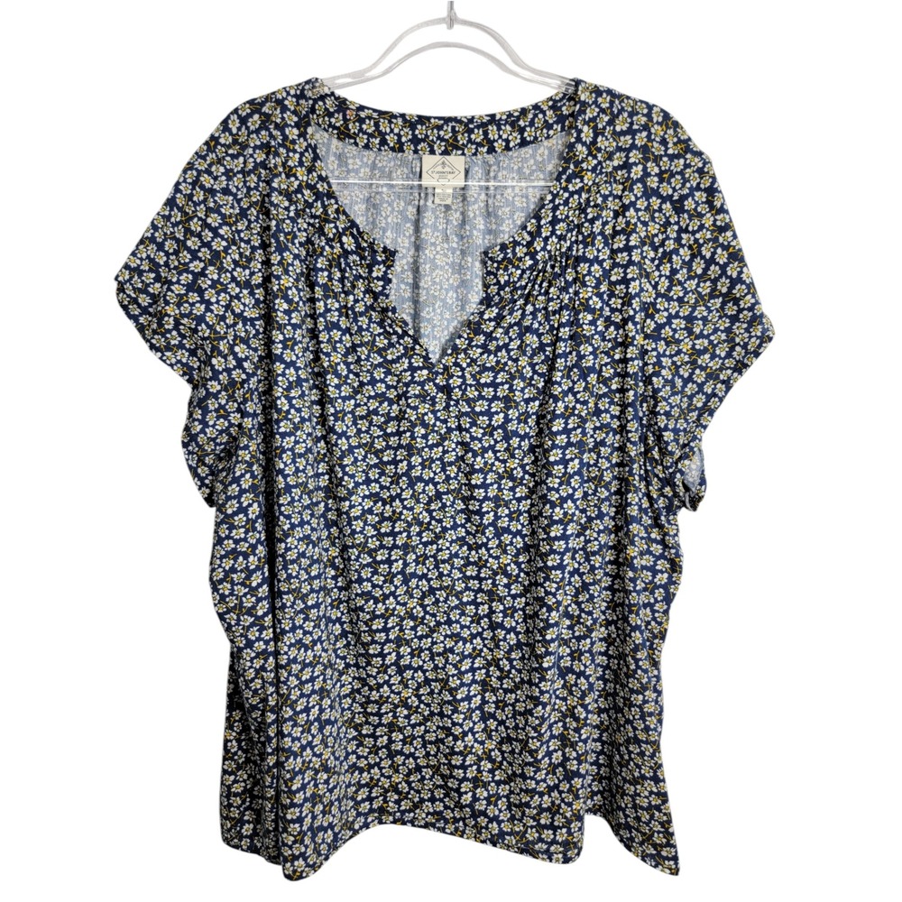 St. Johns Bay Womens 3X Blouse Navy Blue Floral Daisy Split V-Neck Cap Sleeve